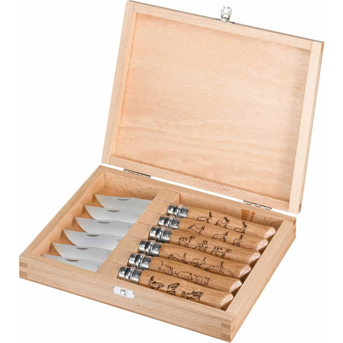 Набор в деревянной коробке из 6 ножей OPINEL №8 ANIMALIA, нержавеющая сталь, рукоять дуб, гравировка 001637
