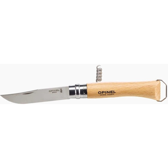Нож OPINEL №10, нержавеющая сталь, рукоять из бука, со штопором