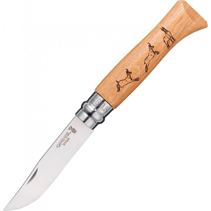 Нож OPINEL №8 ANIMALIA, нержавеющая сталь, рукоять дуб, гравировка серна 001621