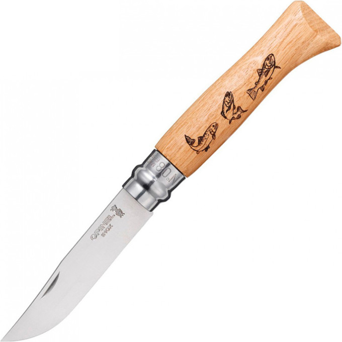 Нож OPINEL №8 ANIMALIA, нержавеющая сталь, рукоять дуб, гравировка форель 001625