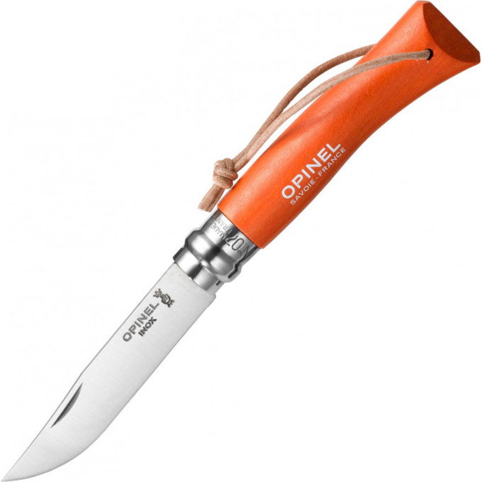 Нож OPINEL №7 TREKKING, нержавеющая сталь, кожаный темляк, оранжевый 001443