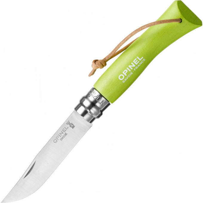 Нож OPINEL №7 TREKKING, нержавеющая сталь, кожаный темляк, светло-зеленый 001442
