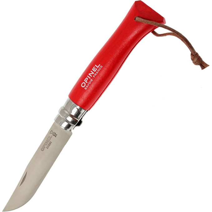 Нож OPINEL №8 TREKKING, нержавеющая сталь, кожаный темляк, красный 001705