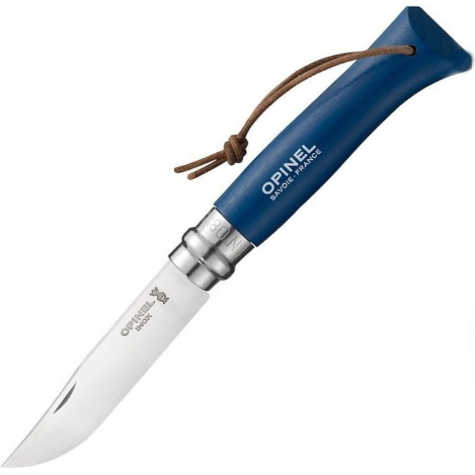Нож OPINEL №8 TREKKING, нержавеющая сталь, кожаный темляк, синий 001704