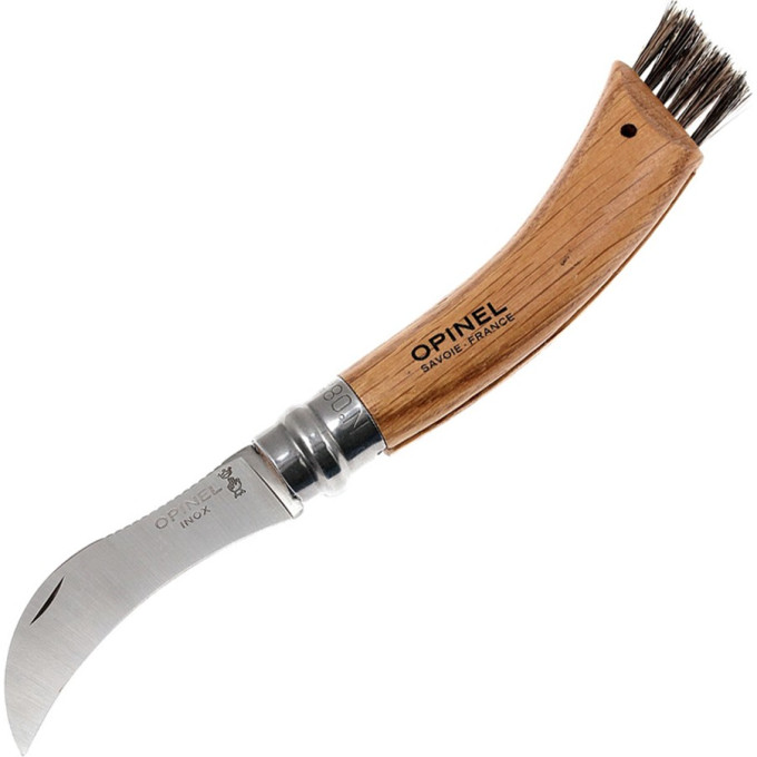 Нож грибника OPINEL №8, нержавеющая сталь, рукоять дуб, чехол, деревянный футляр 001327