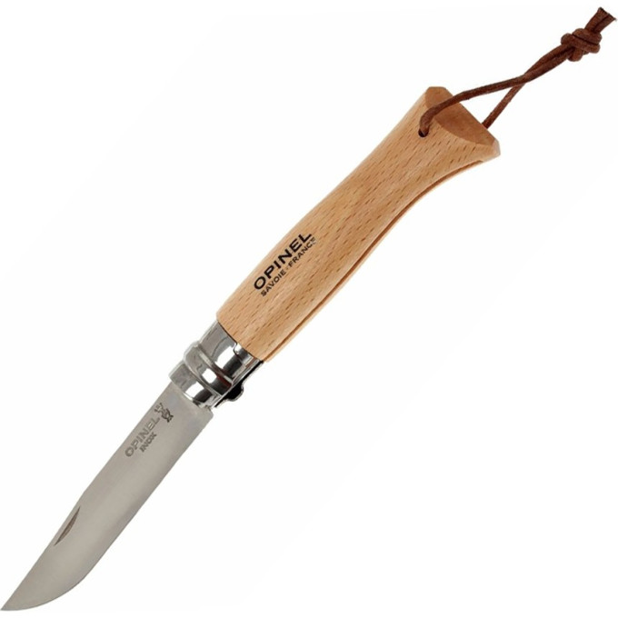 Нож OPINEL №8, нержавеющая сталь, рукоять из бука, с кожаным темляком 001321