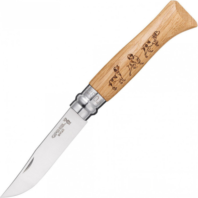 Нож OPINEL №8 ANIMALIA, нержавеющая сталь, рукоять дуб, гравировка собака 001622