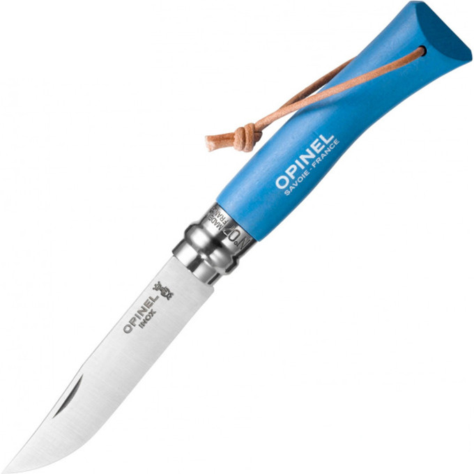 Нож OPINEL №7 TREKKING, нержавеющая сталь, кожаный темляк, синий 001441